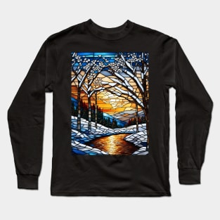 Stained Glass Snowy Winter Scene Long Sleeve T-Shirt